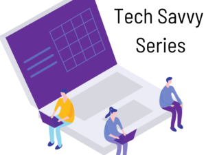 Graphic of large computer and people sitting on it using computers. Tech Savvy Series Text.