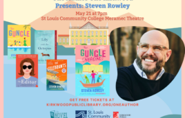 Mountains in the background with a yellow hotel front and center. Blue Text reads, "One author, one kirkwood presents Steven Rowley. May 21st at 7PM. St. Louis Community College Meramec Theatre." There are 5 book covers shown, Lily & The Octopus, The Guncle, The Guncle Abroad, The Editor, and The Celebrants. A picture of the author smiling and looking up to the left is to the left. He is bald and has glasses. He is wearing a dark navy sweater over a light blue button up shirt. Below the images is text that reads "Get free tickets at kirkwoodpubliclibrary.org/oneauthor." There are three logos, one for novel neighbor, one for St. Louis community college, and one for Kirkwood public library. Then beneath the logos is text that reads, "Supported by the Edward Chase Garvey Memorial Foundation"