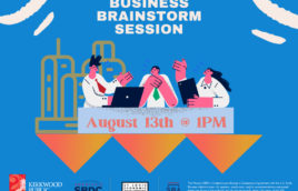 There is a Kirkwood Public Library red and white logo, an SBDC logo, a St. Louis Economic Development Partnership logo and SBA logo at the bottom. There is this text in white, "The Missouri SBDC is funded in part through a Cooperative Agreement with the U.S. Small Business Administration. All opinions, conclusions, and/or recommendations expressed herein are those of the author(s) and do not necessarily reflect the views of the SBA. Reasonable accommodations for persons with disabilities will be made if requested at least two weeks in advance. Contact Colleen Mulvihill at cmulvihill@stlpartnership.com or 314-615-7694."