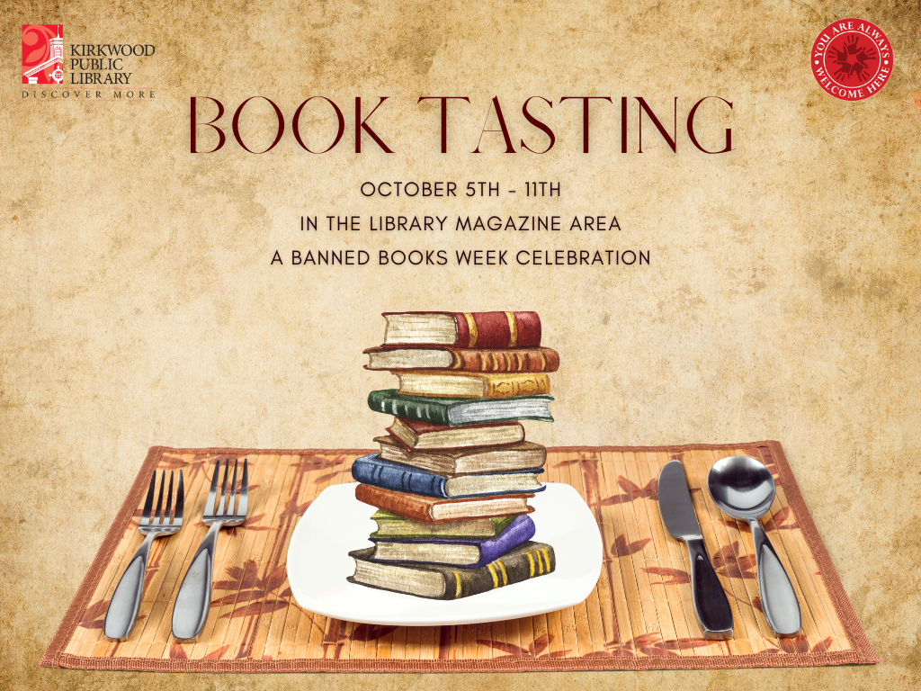 On a cream background there is brown writing that says, "Book Tasting. October 5th - October 11th. In the library magazine area. A Banned Books Week Celebration." Below that is an image of a placemat with utensils on either side, with a stack of books on the plate.