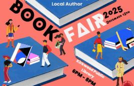 On an orange background with three blue books placed at angles. There is text in black that says, "Book" and in white at an angle it says "Fair." In black text next to fair it says "2025. December 12th." There are graphical people dressed trendily walking around the books with books in their hands. Next to one of the blue graphical books it says "Kirkwood Public Library. 6PM - 8PM" and below that it says "kplmo.org/events." At the bottom in the lefthand corner is a black and red Kirkwood Public Library logo and in the lower right-hand corner is a black and red logo that says "all are welcome here."