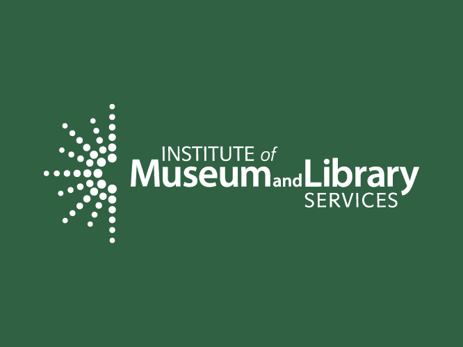 The logo of the Institute of Museum and Library Services, featuring a white stylized starburst and text on a dark green background.