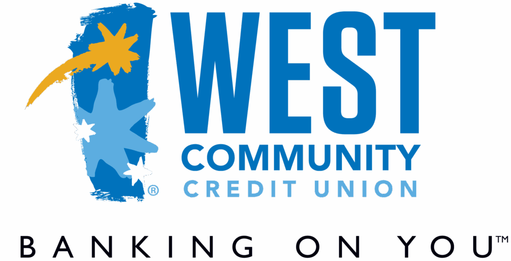 This is a blue and yellow logo for West Community Credit union. Their logo has a slogan that says Banking On You