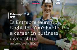 The logos for Kirkwood Public Library, SBA, SBDC, and the St. Louis Economic Development Partnership at the top of the page. There is an image in the background of a person in an apron and gloves holding some plants with plants in the background. There is a dark gradient over the image. White text over it says, "Febraury 11th at 1PM. Is Entrepreneurship Right for You? Exploring a career in business ownership. presented by the SBDC." There is text below in small print that reads "The Missouri SBDC is funded in part through a Cooperative Agreement with the U.S. Small Business Administration. All opinions, conclusions, and/or recommendations expressed herein are those of the author(s) and do not necessarily reflect the views of the SBA. Reasonable accommodations for persons with disabilities will be made if requested at least two weeks in advance. Contact Colleen Mulvihill at cmulvihill@stlpartnership.com or 314-615-7694."