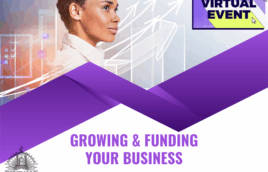 An image of a woman in a white collared shirt looking to the right with arrows going up behind her, a purple banner below her. In Purple text below the image it says Growing & Funding your business. March 3rd at 12PM. There is a black Kirkwood Public Library logo in the bottom left hand corner. In the upper right hand corner there is a Virtual Event graphic.