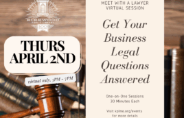 A gavel sits on a desk with books behind it and a justice scale. Text to the left on a cream box reads, "Thurs April 2nd. Virtual 5PM - 7PM." Text to the right Reads on a cream colored box, "Meet with a Lawyer Virtual Session. Get Your Legal ?s Answered. One-on-One Sessions | 30 Minutes Each Visit kplmo.org/events for more details" There is a white Kirkwood Public LIbrary logo in the upper left hand corner.