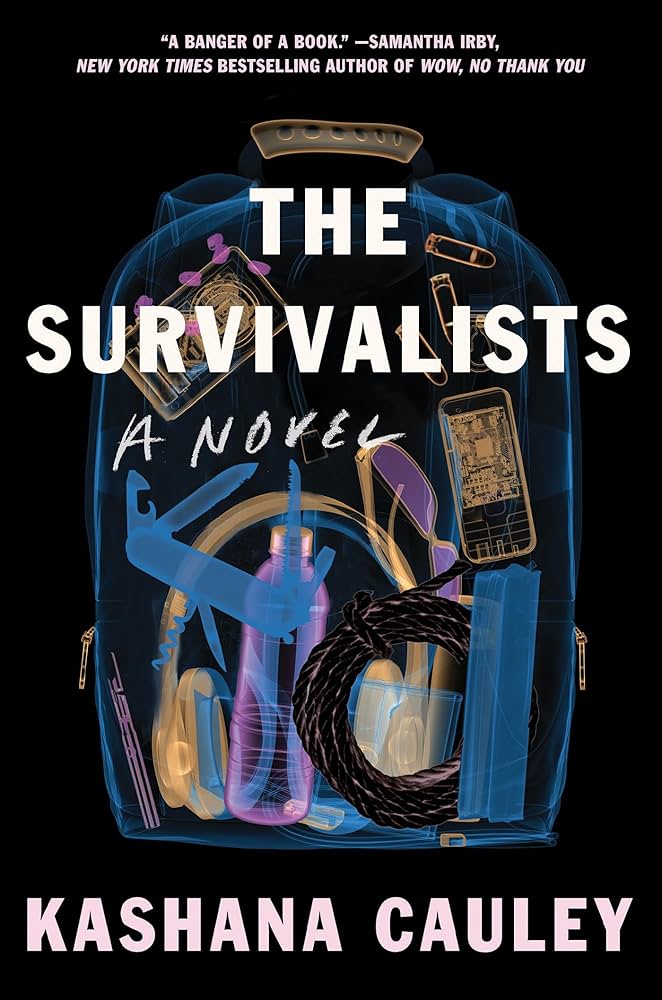 A copy of the book cover of The Survivalists by Kashana Cauley. It's black and has a bag with all kinds of survival equipment on the front.