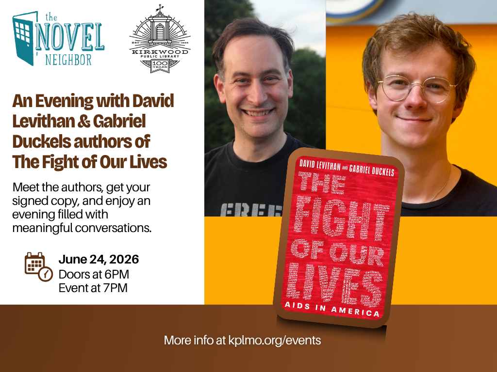 An image of the authors smiling is on the right, just above a picture of their latest book "The fight of our Lives." To the left are the details of the event. An Evening with David Levithan & Gabriel Duckels authors of The Fight of Our Lives. Meet the authors, get your signed copy, and enjoy an evening filled with meaningful conversations. June 24th, 2026. Doors at 6PM. Event at 7PM.