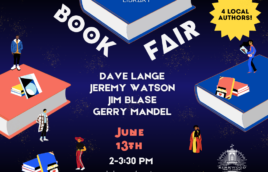 Books floating on a black background with the words Kirkwood Public Library Book Fair at the top. A starburst with the words 3 local authors! in it to the right. Below book fair are the authors names: Dave Lange, Jeremy Watson, Jim Blase, and Gerry Mandel. June 13th. 2PM - 3:30PM. kplmo.org/events. The kirkwood public library white 100th anniversary logo is in the bottom right hand corner.
