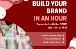 A maroon, white, and pink color scheme that shows people working on out colors and ideas on a table. The text sasy Build Your Brand in an Hour, presented with the SBDC. May 13th at 1PM. Choose a Business Name. Define Brand IDentity. Identify Target Market. There are SBA, SBDC, and St. Louis Economic Development partnership logos at the top, and a Kirkwood Public Library 100th anniversary logo in the corner. At the bottom small script says, The Missouri SBDC is funded in part through a Cooperative Agreement with the U.S. Small Business Administration. All opinions, conclusions, and/or recommendations expressed herein are those of the author(s) and do not necessarily reflect the views of the SBA. Reasonable accommodations for persons with disabilities will be made if requested at least two weeks in advance. Contact Colleen Mulvihill at cmulvihill@stlpartnership.com or 314-615-7694.