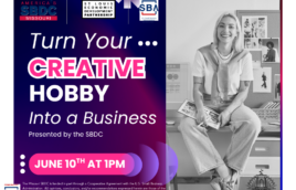 A flyer for Turn your creative hobby into a business. Presented by the SBDC. June 10th at 1PM. It's purple and white and pink. There is a person to the right sitting on a desk with photos and creative pictures in the background they have a portfolio on their lap. The photo is in black and white. There are sba, sbdc, and st. louis economic development partnership logos at the top. In the bottom is a black kirkwood public library 100th anniversary logo. At the bottom it says, The Missouri SBDC is funded in part through a Cooperative Agreement with the U.S. Small Business Administration. All opinions, conclusions, and/or recommendations expressed herein are those of the author(s) and do not necessarily reflect the views of the SBA. Reasonable accommodations for persons with disabilities will be made if requested at least two weeks in advance. Contact Colleen Mulvihill at cmulvihill@stlpartnership.com or 314-615-7694.
