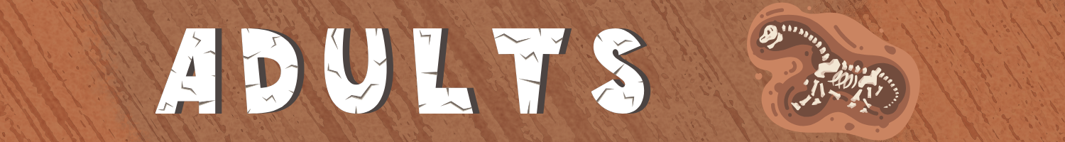 Adult Banner banner resembling a rock face with a dinosaur skeleton embedded within - depicts the word adults in a font that resembles stone