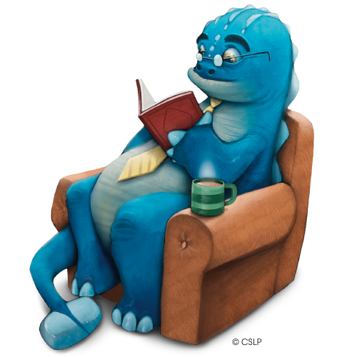 Adult-Supplemental an adult ankylosaurus wearing a necktie and glaases sitting in an armchair reading a book with a cup of hot coffee sitting on the arm of the chair