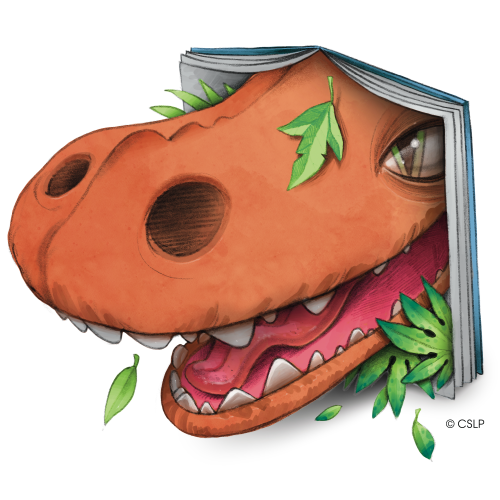 Children-Supplemental snout of a tyrannosaurus sticking out of the pages of a book with leaves protruding around the edges