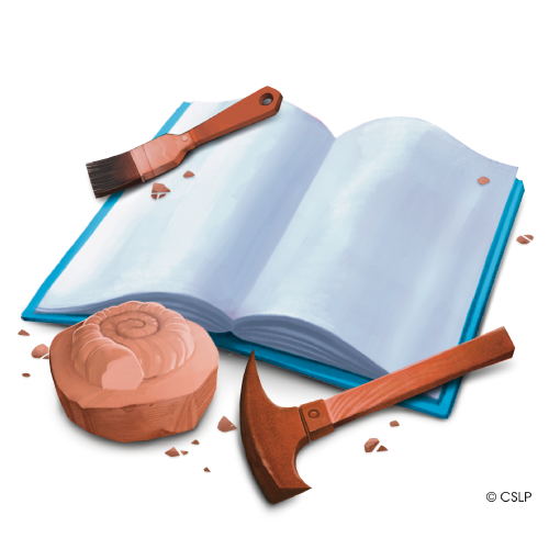 HB-Supplemental a book with a brush and chisel on top of it with a fossil in laying in front