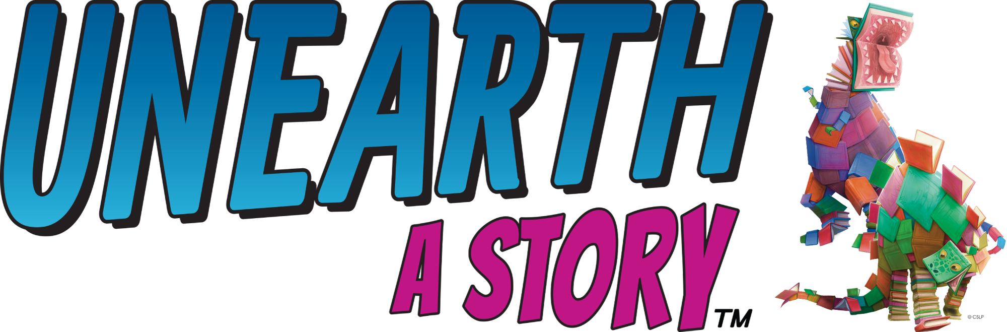 Page-Banner-alt summer reading banner - depicts a tyrannosaurus rex and stegosaurus that are made out of books - reads unearth a story