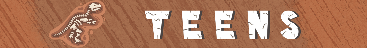 Teen Banner banner resembling a rock face with a dinosaur skeleton embedded within - depicts the word teens in a font that resembles stone