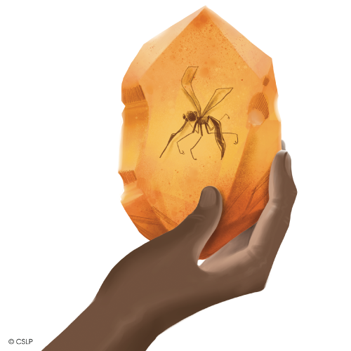 Teen-Supplemental a hand holding a large crystal of amber with a mosquito embedded inside