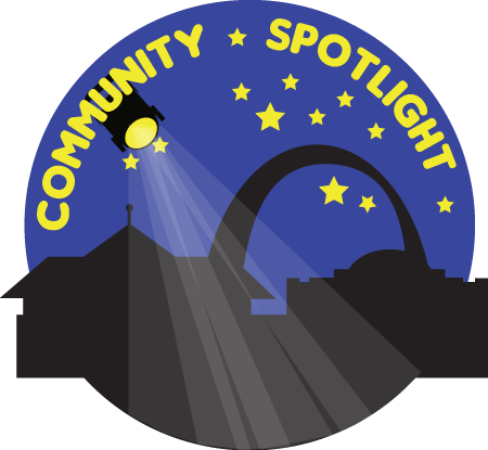 blue circle resembling the night sky with yellow stars featuring a silhouette of two buildings and the saint louis arch. a spotlight is shining from the top left corner with rays of light shining over the buildings silhouette - read community spotlight in an arch at the top of the circle