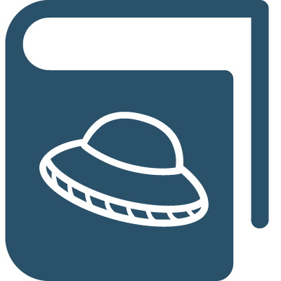 a minimalist blue book with a white flying saucer on it