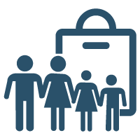 father mother daughter son stick figures with joined hands over a bag icon