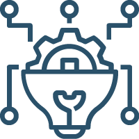 library of things icon - depicts the bottom half of a light bulb with the top half as a gear, circuit wiring stretches out from behind