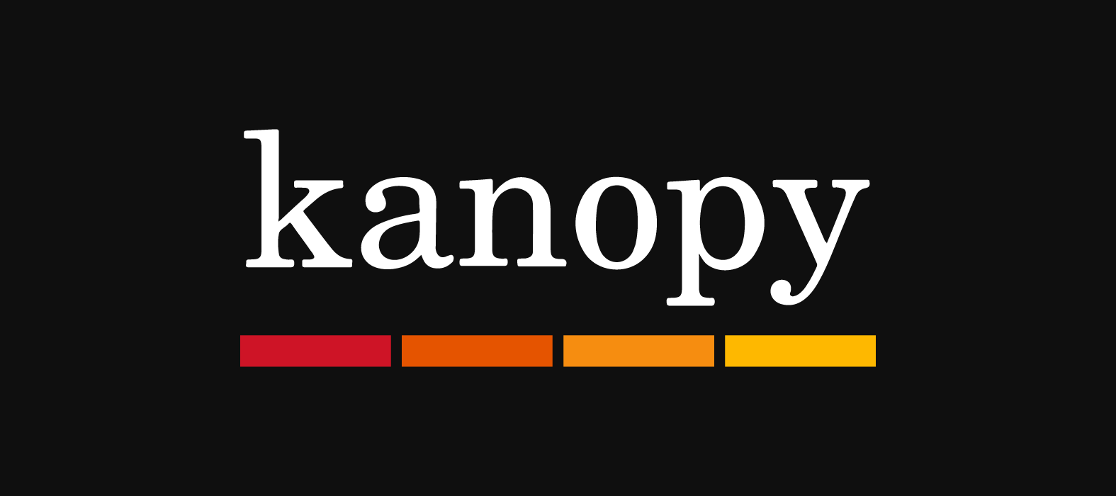 kanopy logo with four dashes under the text fading from red on the left to yellow on the right - reads kanopy