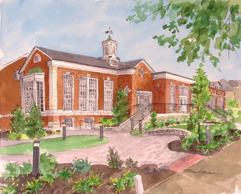 A watercolor painting depicts a red brick building with white trim and large windows, a cupola with a weather vane, and a landscaped entrance with trees and bushes.