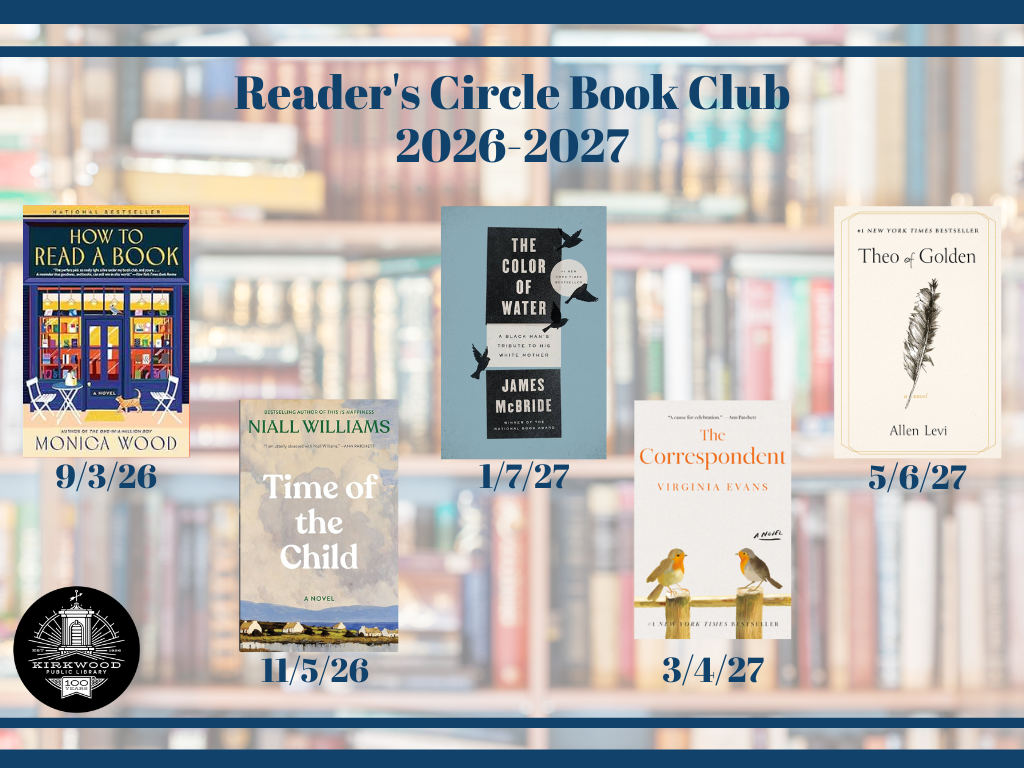 An image of the 5 books being read for Reader's Circle Book Club this season. How to Read a Book, Time of the Child, The Color of Water, The Correspondent, and Theo of Golden