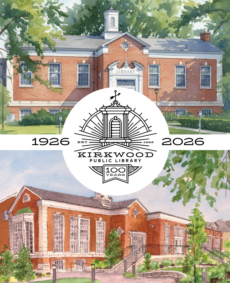 Annual-Appeal-Page A watercolor illustration featuring two views of the Kirkwood Public Library, one from the front and one from the side, with a central circular logo celebrating the library's 100th anniversary from 1926 to 2026.