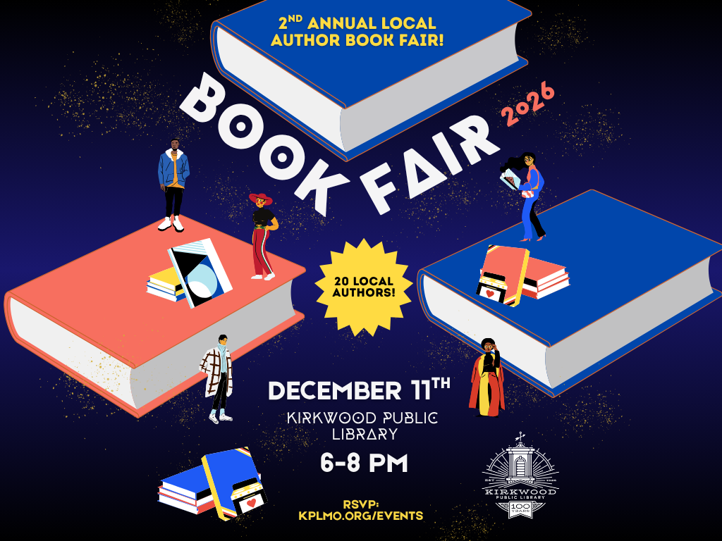 A flyer describing the 2nd annual local author book fair at Kirkwood Public Library. Date is December 11th from 6PM - 8PM and will have 20 local authors.