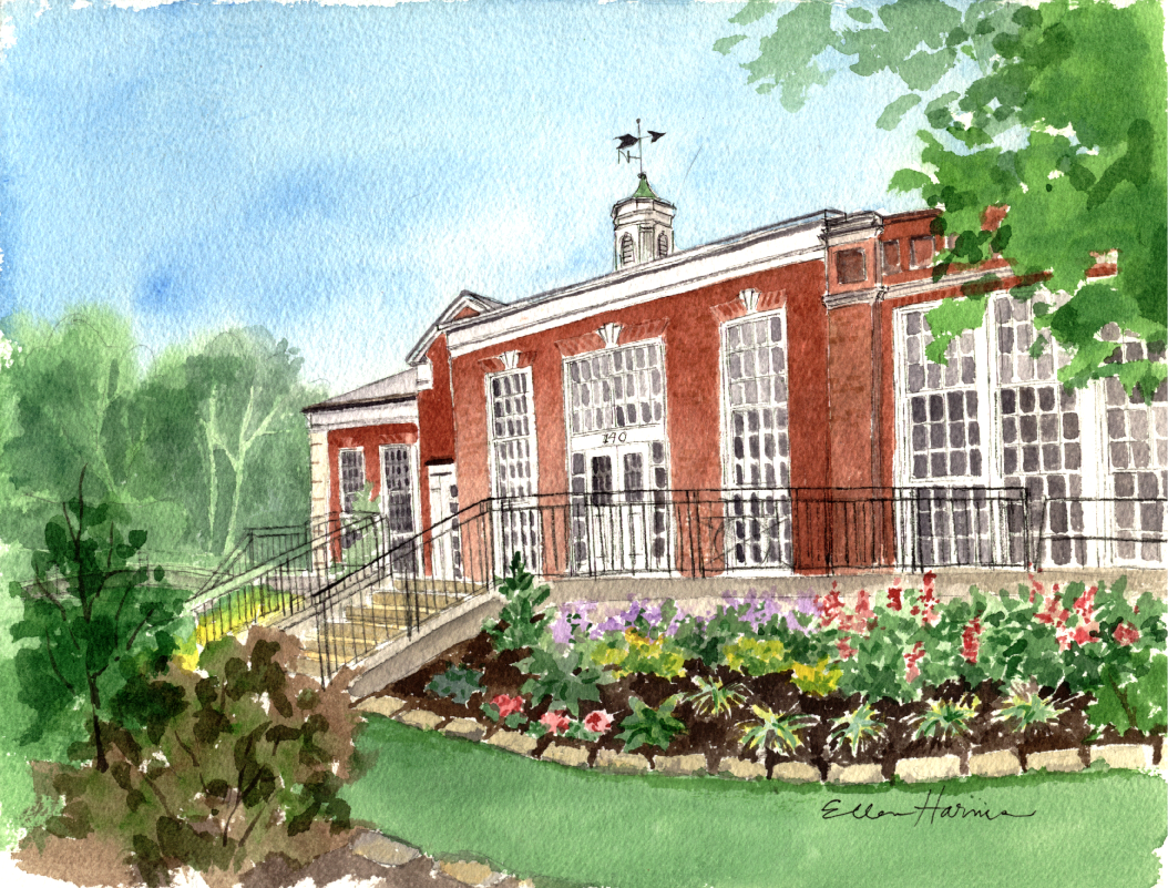 HarmsGardenStandard1 Watercolor painting of the library with large windows, a white cupola with a weather vane, and a colorful flower garden in front. Lush green trees and a bright blue sky form the background.