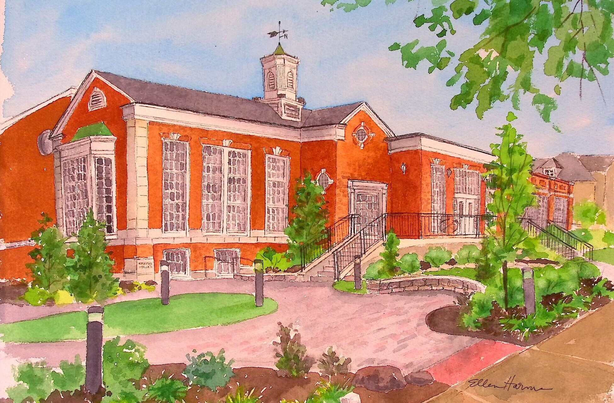 a watercolor painting of the library with new landscaping