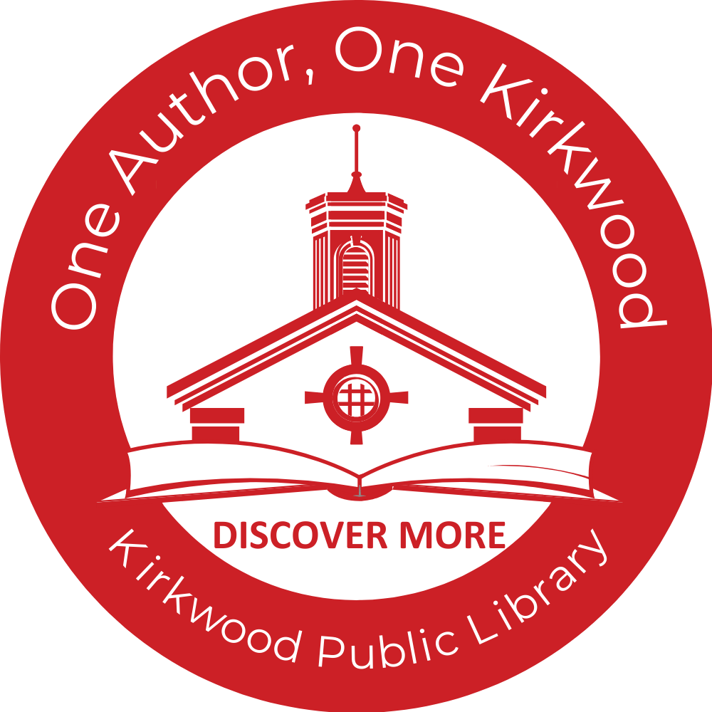 OAOK-Logo-03-23-1000-×-1000-px Logo for Kirkwood Public Library with text "One Author, One Kirkwood" and "Discover More" around an illustration of a building with an open book.