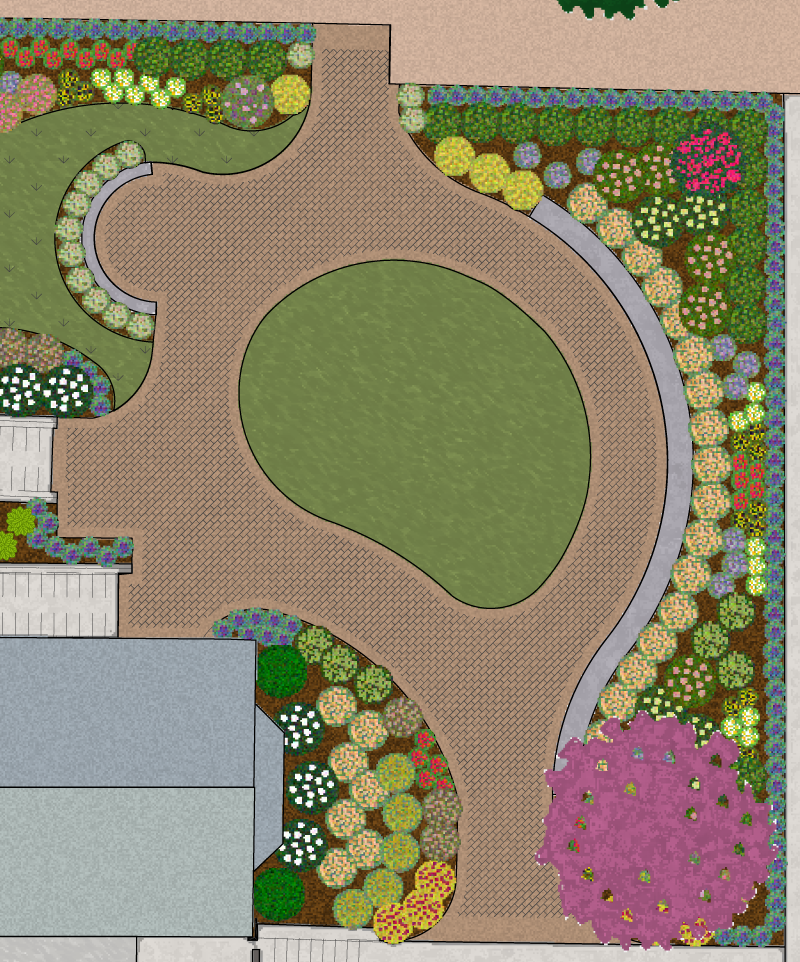 Paver-Map-Colored A landscape design showing a curved brick pathway surrounding a central oval lawn, with various colorful flower beds and shrubs bordering the lawn and pathway. The library is visible on the lower left.