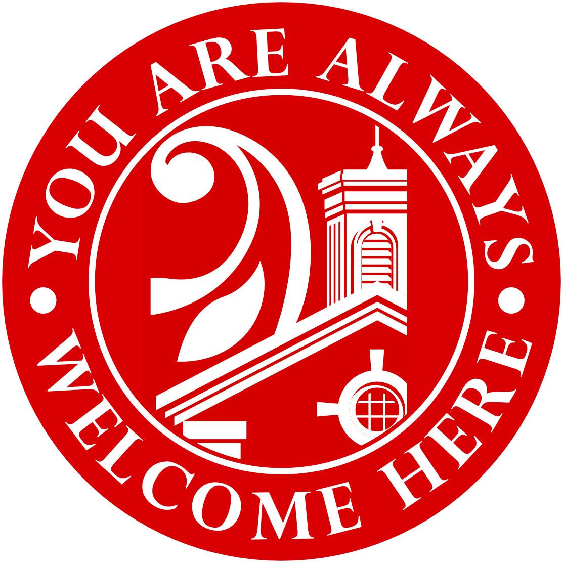 an old kirkwood public library logo on a red circle, surrounded by text which reads - you are always welcome here