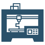A stylized blue icon of a 3D printer with a nozzle and print bed visible, along with control buttons on the side.