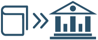 Icon showing a book being transferred to a building with columns, representing a donation to the library.