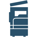 A dark blue icon of a photocopier with its lid open.