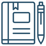 A blue outline of a notebook with a bookmark and a pen next to it.