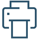 A simple blue line art icon of a printer with paper coming out.
