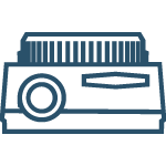 A blue outline icon of a slide projector with a lens on the left and a slide carousel on top.