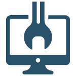 A blue icon depicting a computer monitor with a wrench superimposed over it, symbolizing computer repair or technical support.
