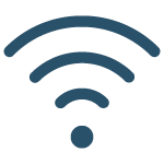 A dark blue Wi-Fi symbol with three curved lines radiating from a central dot.
