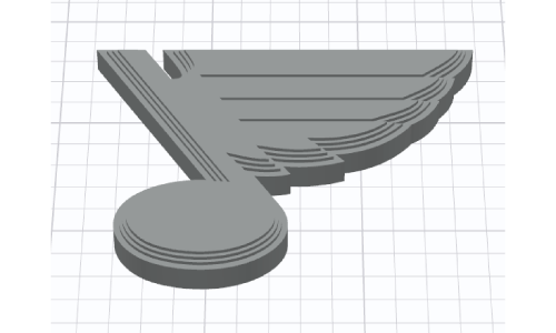 A 3D rendering of musical note with a wing design extending from the right side.