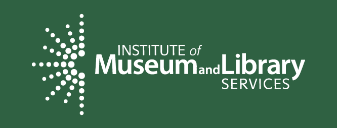 The logo of the Institute of Museum and Library Services, featuring a white stylized starburst and text on a dark green background.