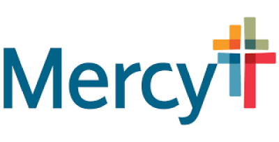 The logo for Mercy, featuring the word "Mercy" in teal text next to a multi-colored cross emblem.